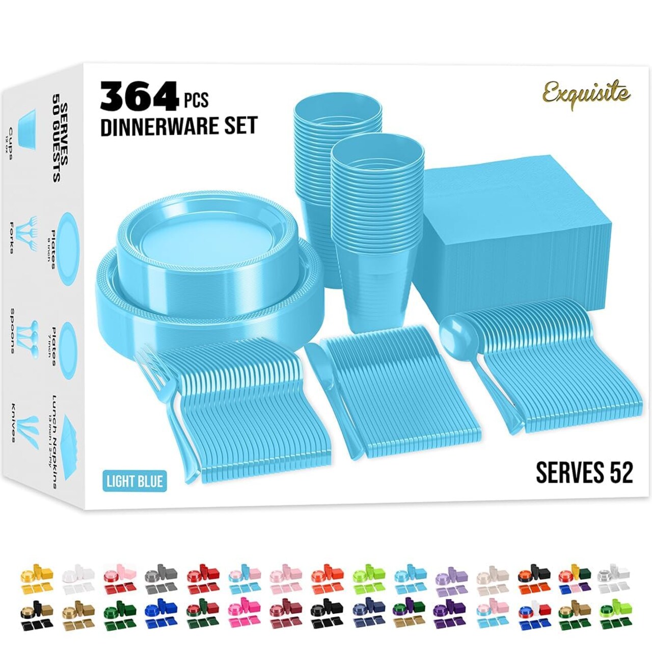 Exquisite 350 Pcs Plastic Plates for Party – Disposable Plates Set – 50 Each of 9" Dinner Plates, 7" Dessert Plates, Plastic Cups, Napkins & Plastic Cutlery – Plastic Dinnerware by Party Solids